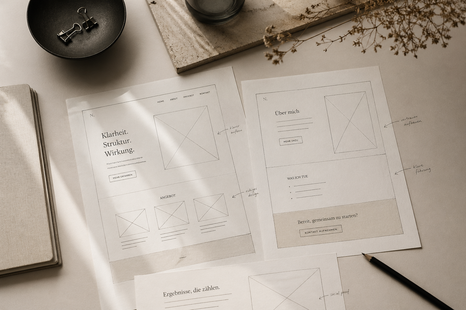 Minimalistische Website Skizzen auf Papier